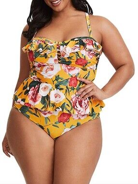 Torrid 1 Plus Size Yellow Red Rose Floral Ruffled Tankini Swimsuit Sz 1X